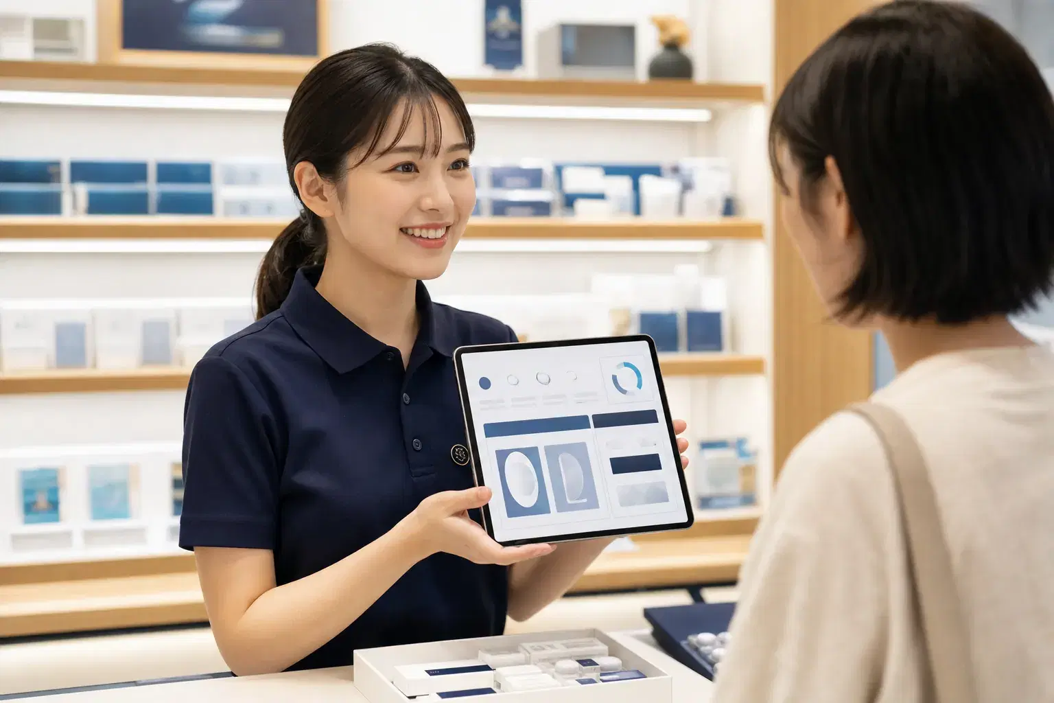 店頭でアルバイト店員が iPad の販売支援アプリでお客様に商品をご案内している様子