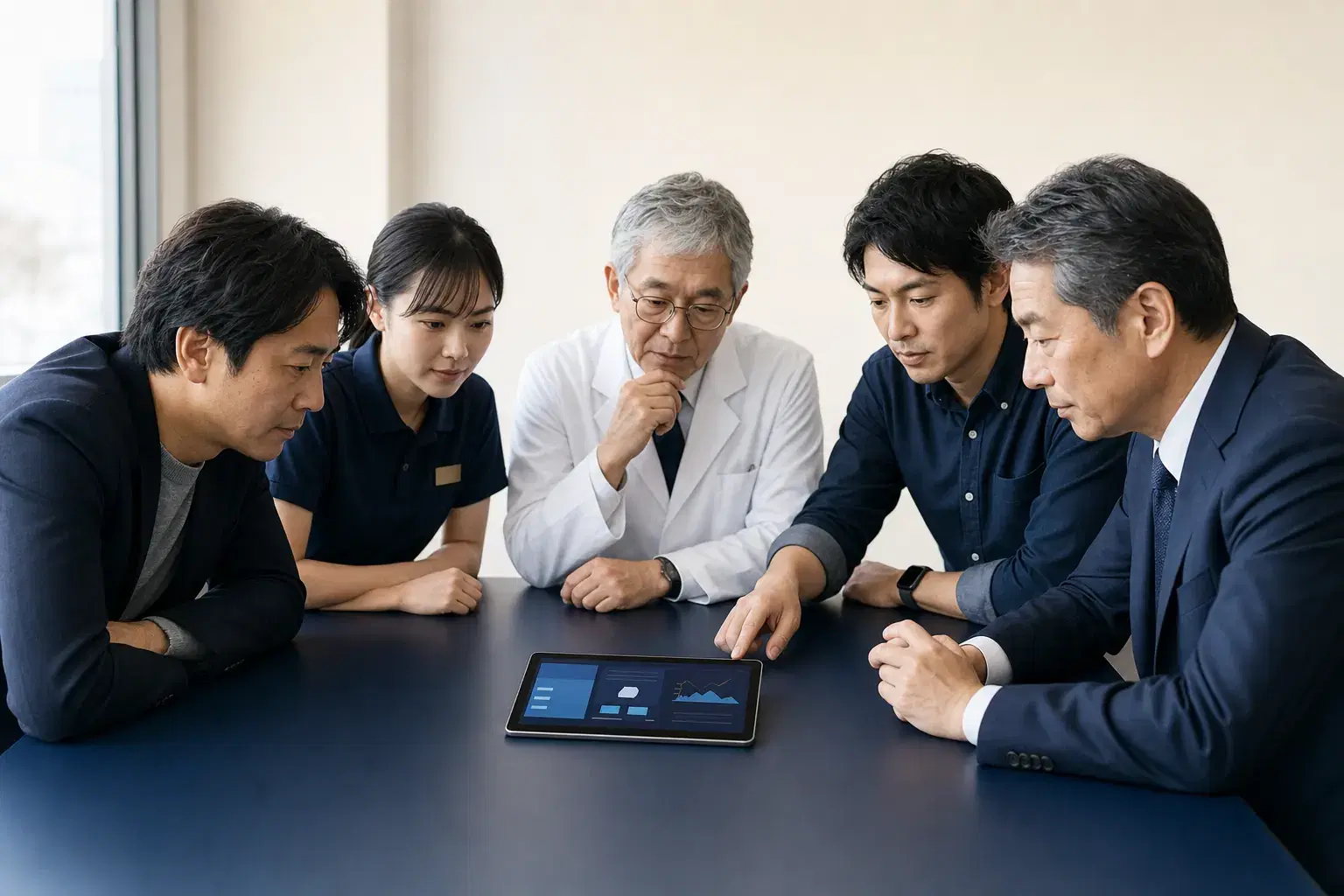 経営者・店舗スタッフ・医院長・コンサルタント・エンジニアの 5 者がテーブル中央の iPad を真剣に覗き込んでいる様子