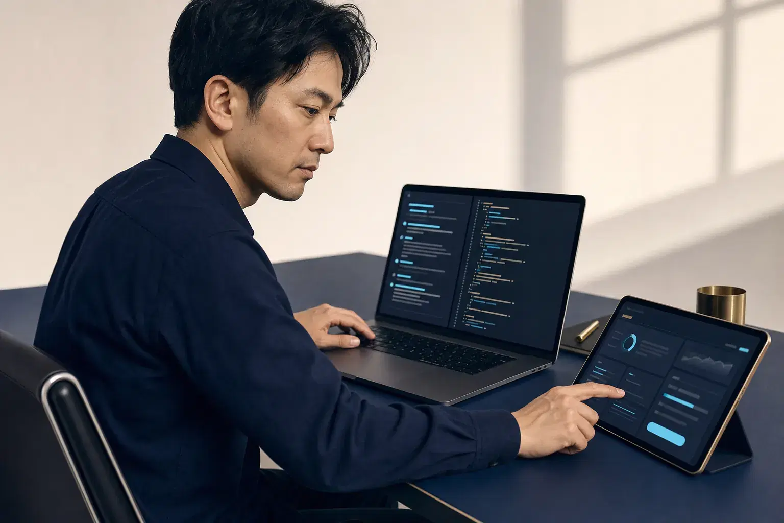 エンジニアがノートPCで AI アシスタントとコードエディタを操作しながら、横の iPad で動作確認を行っている様子