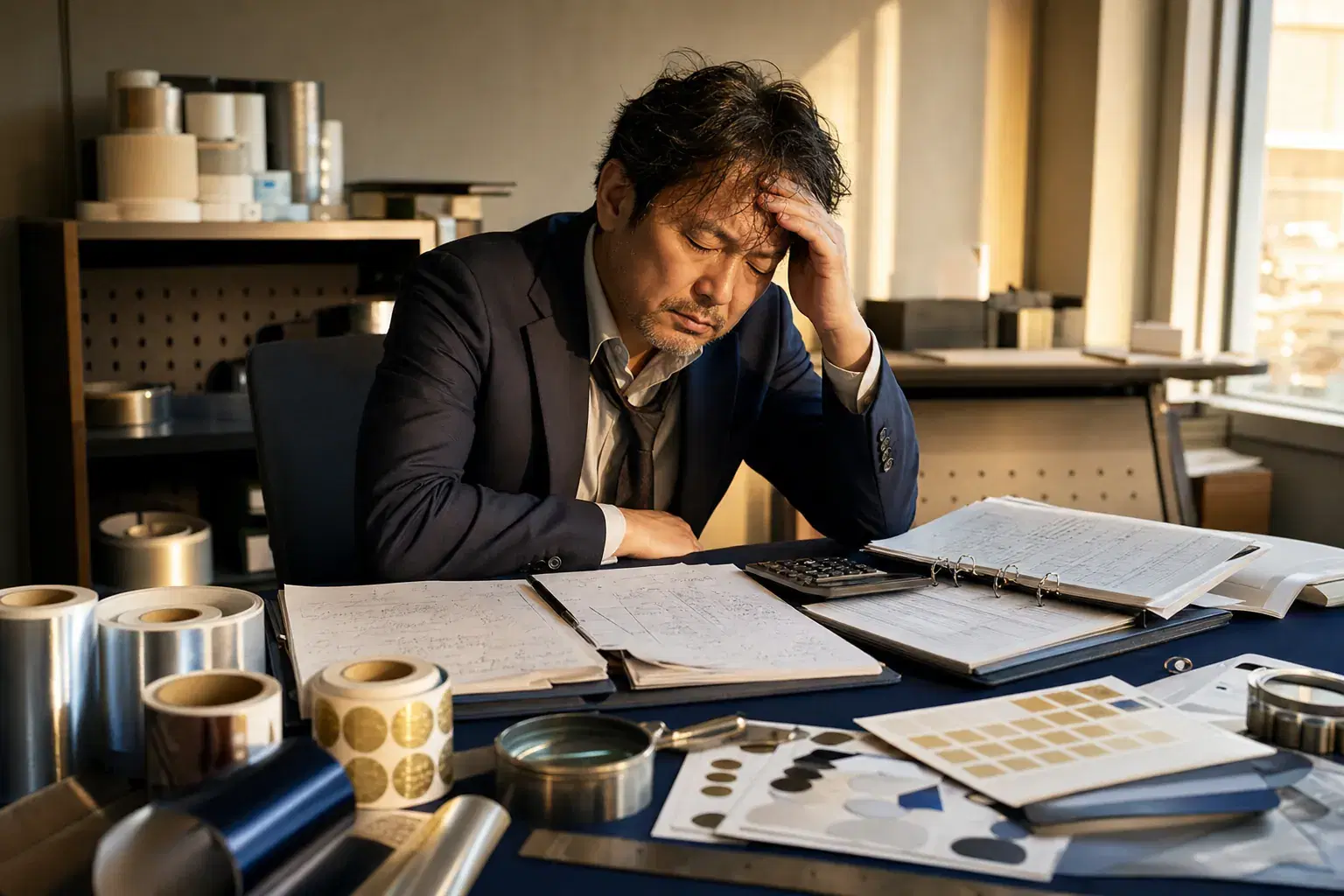50代の代表者が、計算メモやシール素材ロールに囲まれた机で頭を抱え、見積書作成に疲弊している様子