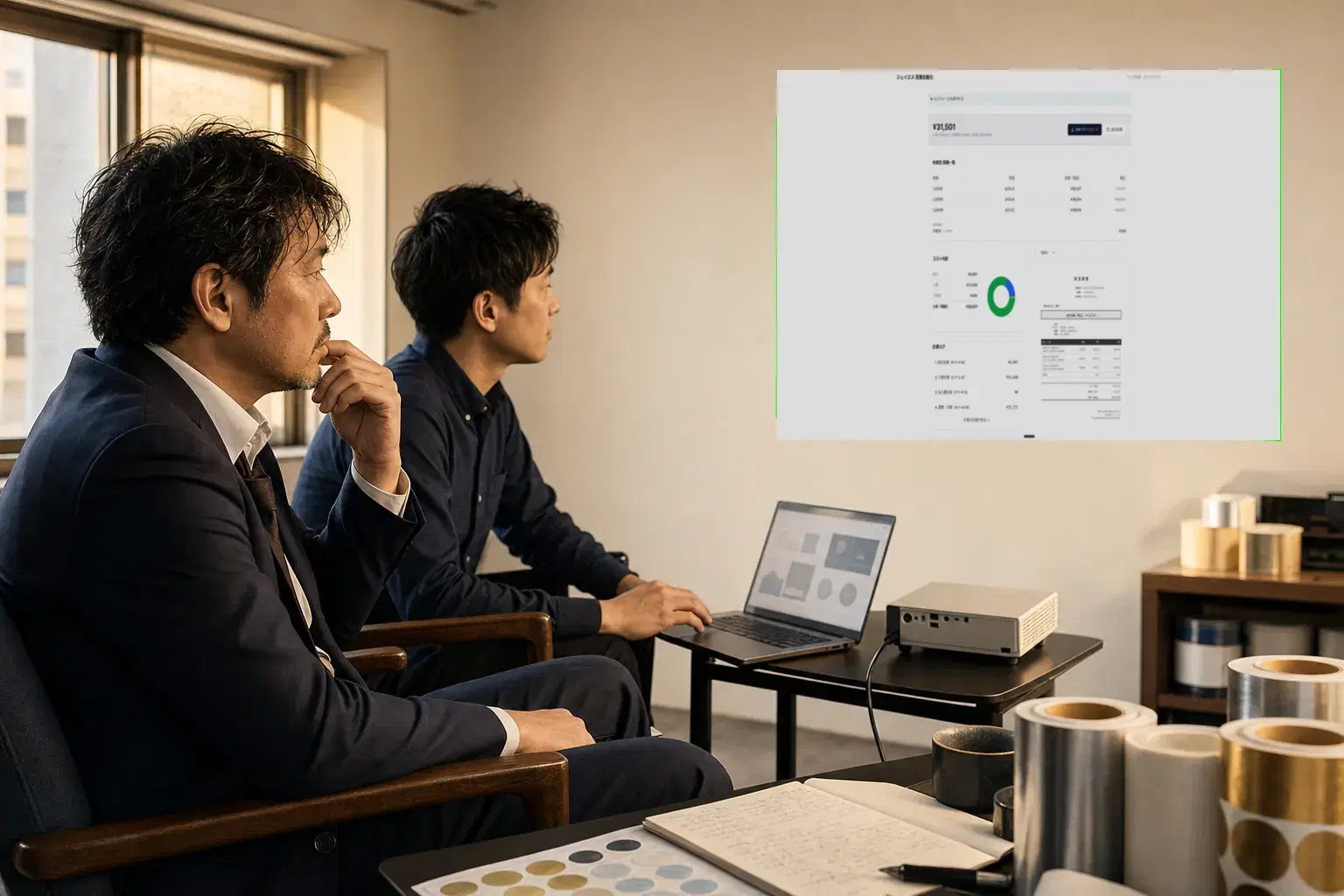 代表者が真剣な表情でノートPCの見積自動化アプリ画面を見つめている様子