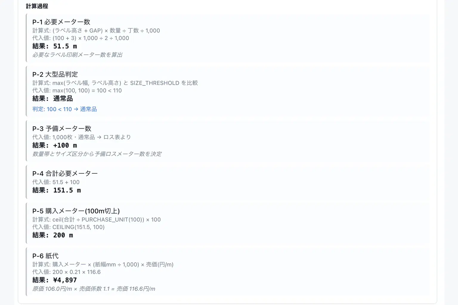 計算過程の画面 — P-1 必要メーター数 / P-2 大型品判定 / P-3 予備メーター数 / P-4 合計必要メーター / P-5 購入メーター / P-6 紙代 が、計算式・代入値・結果まで段階的に表示されている